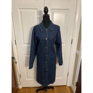 Carlyle Women’s Denim Trench Coat Large Made In USA Vintage Button Up Americana